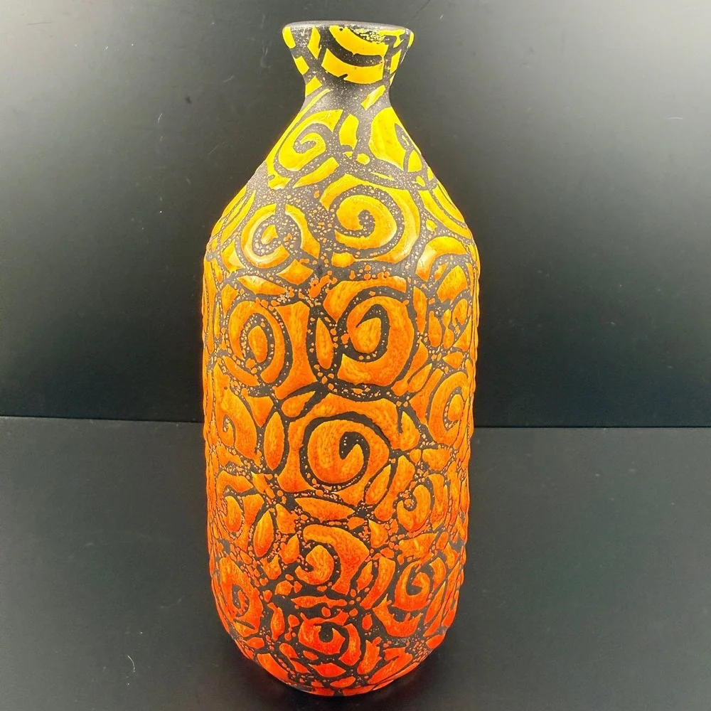 Alvino Bagni for Raymor Sgraffito Italian Pottery Vase Orange Yellow Mid Century